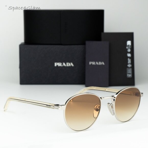 Prada Women Sunglasses Silver Brown Gradient Round PRB52S 1BC80K NEW AUTHENTIC - Picture 1 of 8